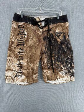 Apprime Board Shorts Mens M 10" Death to the Wicked Beach Swim Trunks Y2K Grunge